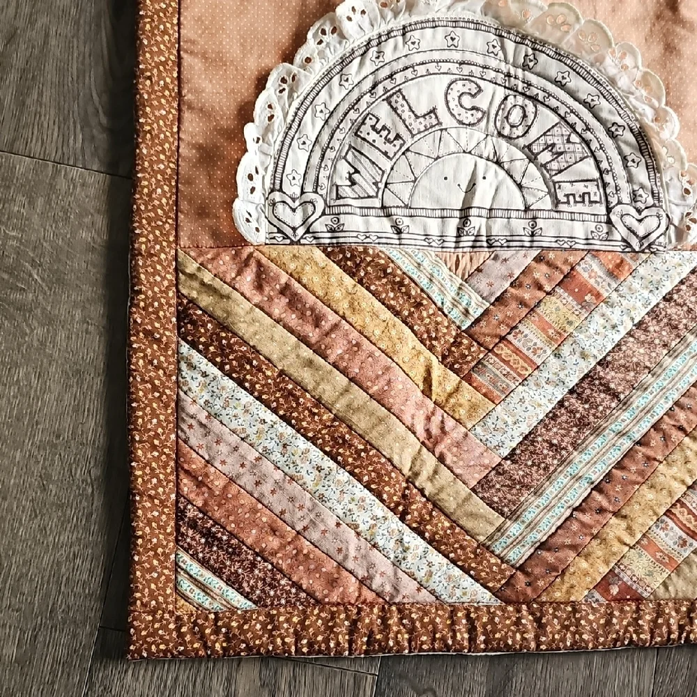 70s Vintage Patchwork Welcome Wall Hanging Retro Bohemian Decor Quilt Handmade